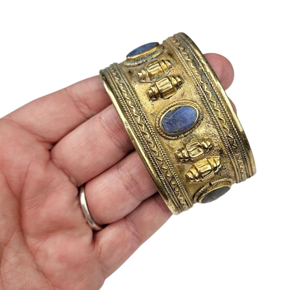 Afghan Peshawar Lapis Lazuli Cuff Bracelet Gilt Brass Blue Ethnic Vintage ~6.5" - Picture 11 of 11